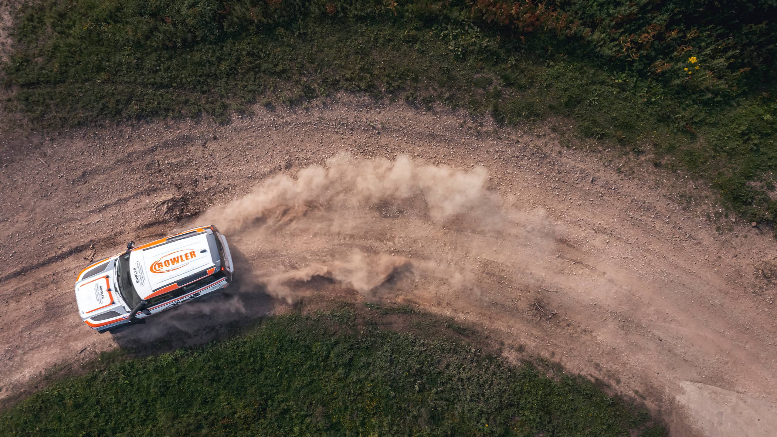 Defender on offroad aerial view 